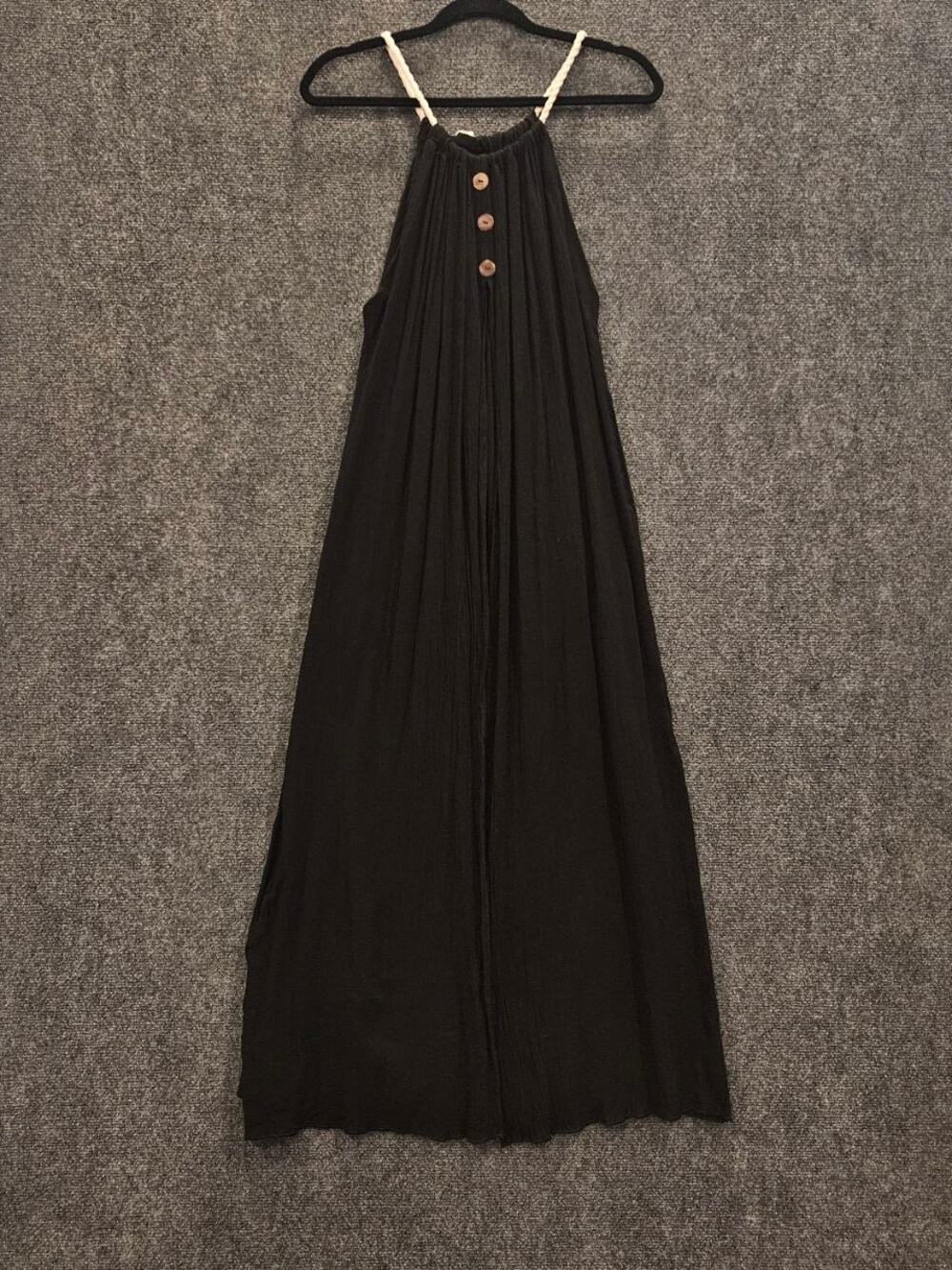 Alé Light Fashion Black Crinkle Gauze Maxi Dress Rope Strap Size M